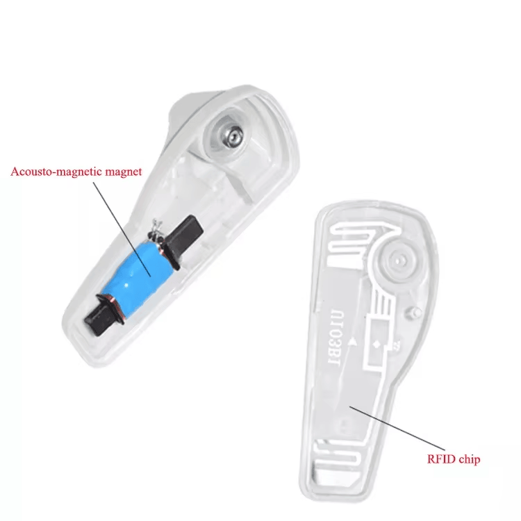 A transparent exploded view shows the acoustic magnetic component and RFID chip layout inside the clothing security tag housing.