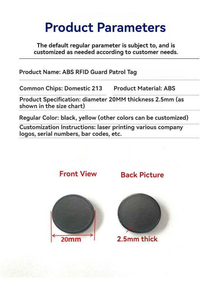 A close up front view captures the textured surface of the durable ABS RFID tag model ABS20-1 for patrol checkpoints.