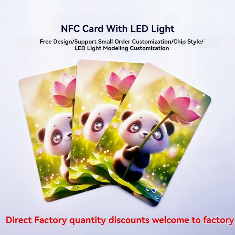 NFC card with LED light promo image with three panda printed cards and headline text presenting customization and factory ordering.