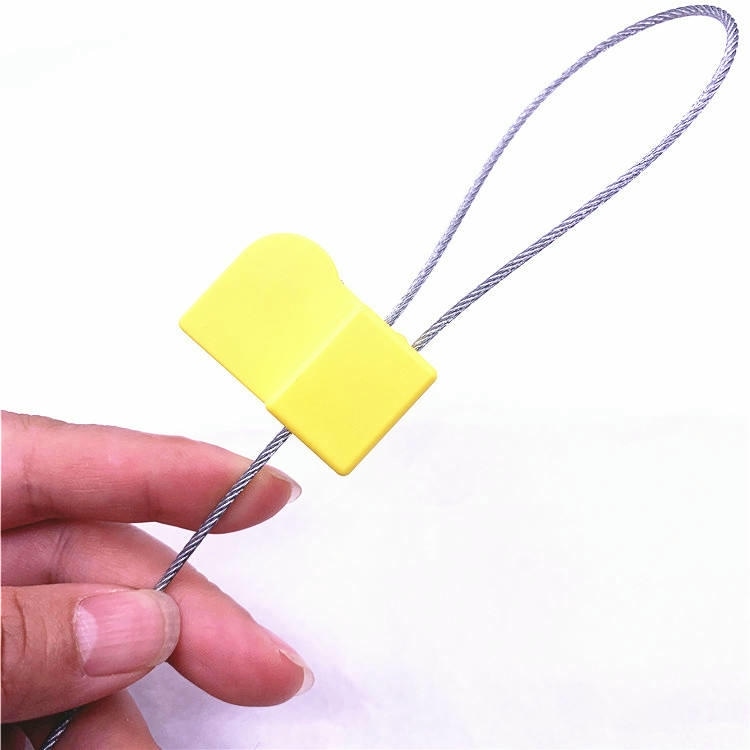 A yellow SS3826-1 RFID security seal is shown from the front with a smooth rounded top and a looped steel cable.
