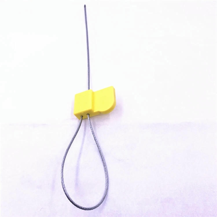 A yellow SS3826-1 RFID security seal is displayed upright with a vertical wire tail and a hanging loop beneath the body.