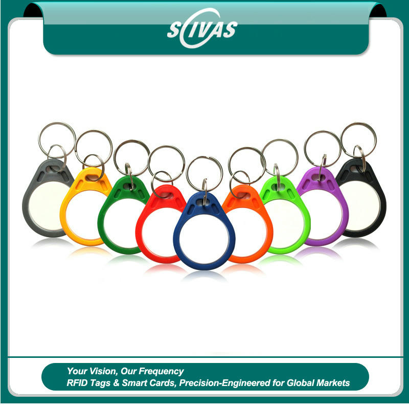 The side profile view of a yellow ZT-SJZ-7 RFID key fob showcases its slim 5mm thickness and lightweight 6g portable housing.