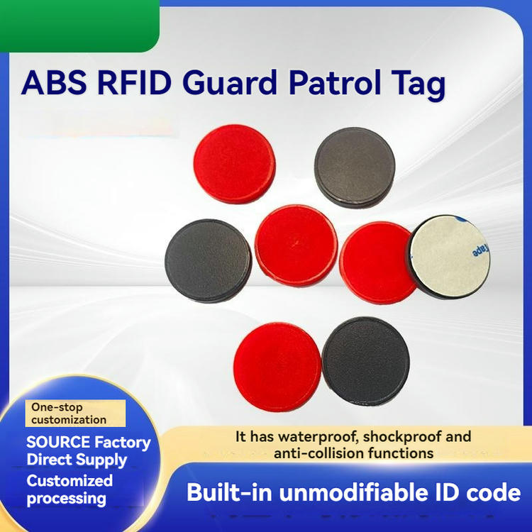 This side angle view shows the compact design of the ABS20-1 RFID checkpoint tag used for tracking security patrols.